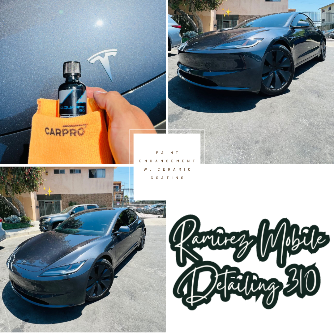 A collage of three photos showing a black Tesla car, a person's hand holding a spray bottle labeled 'Ceramic Boost' near the Tesla logo, and the front view of the Tesla parked outdoors. The collage includes text that reads: 'Paint Enhancement, W. Cer