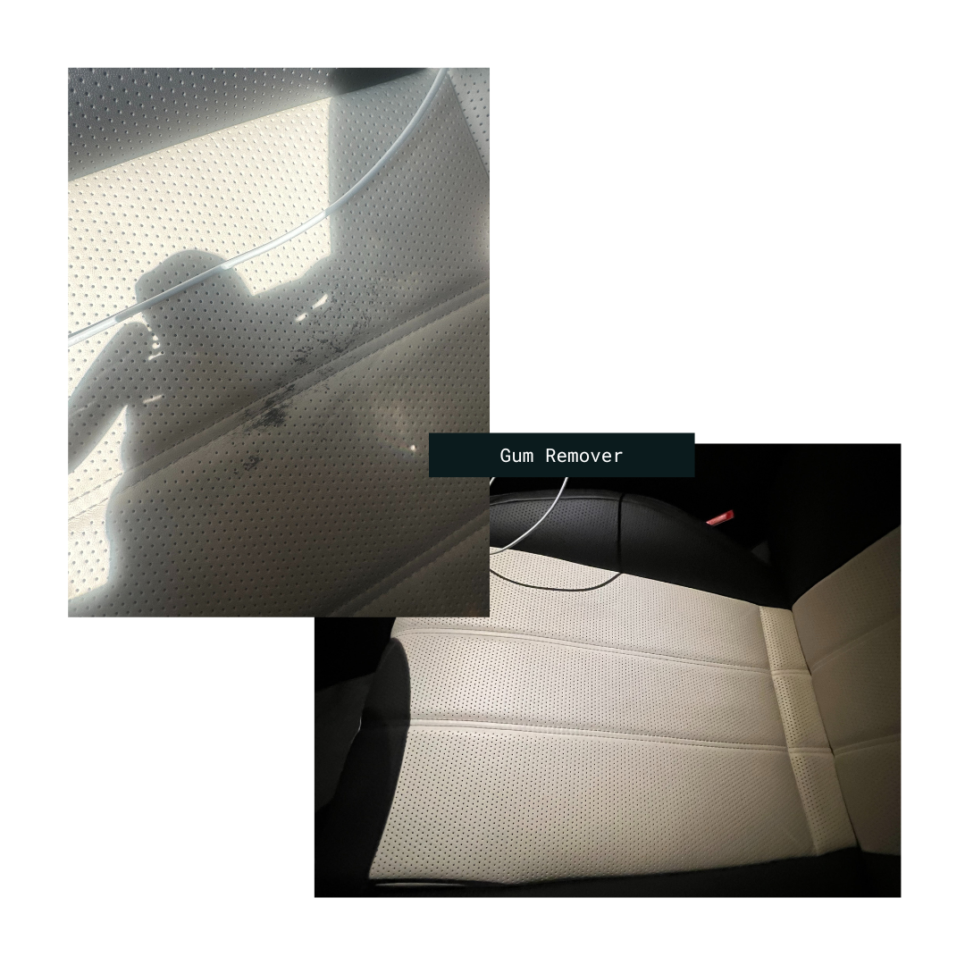 Car seat with gum stuck on the beige perforated leather surface, labeled as 'Gum Remover'.
