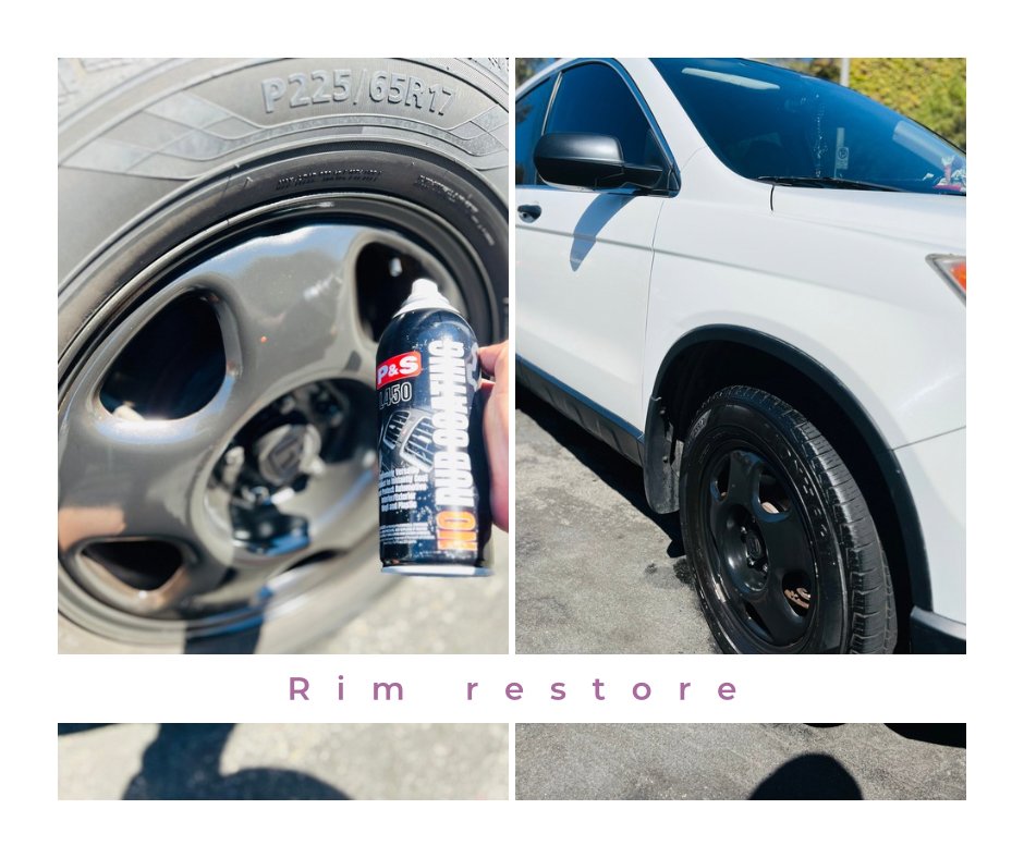 A person using a can of rim restoration spray to clean or restore a car wheel rim, with a close-up of the freshly restored black rim on a white car.