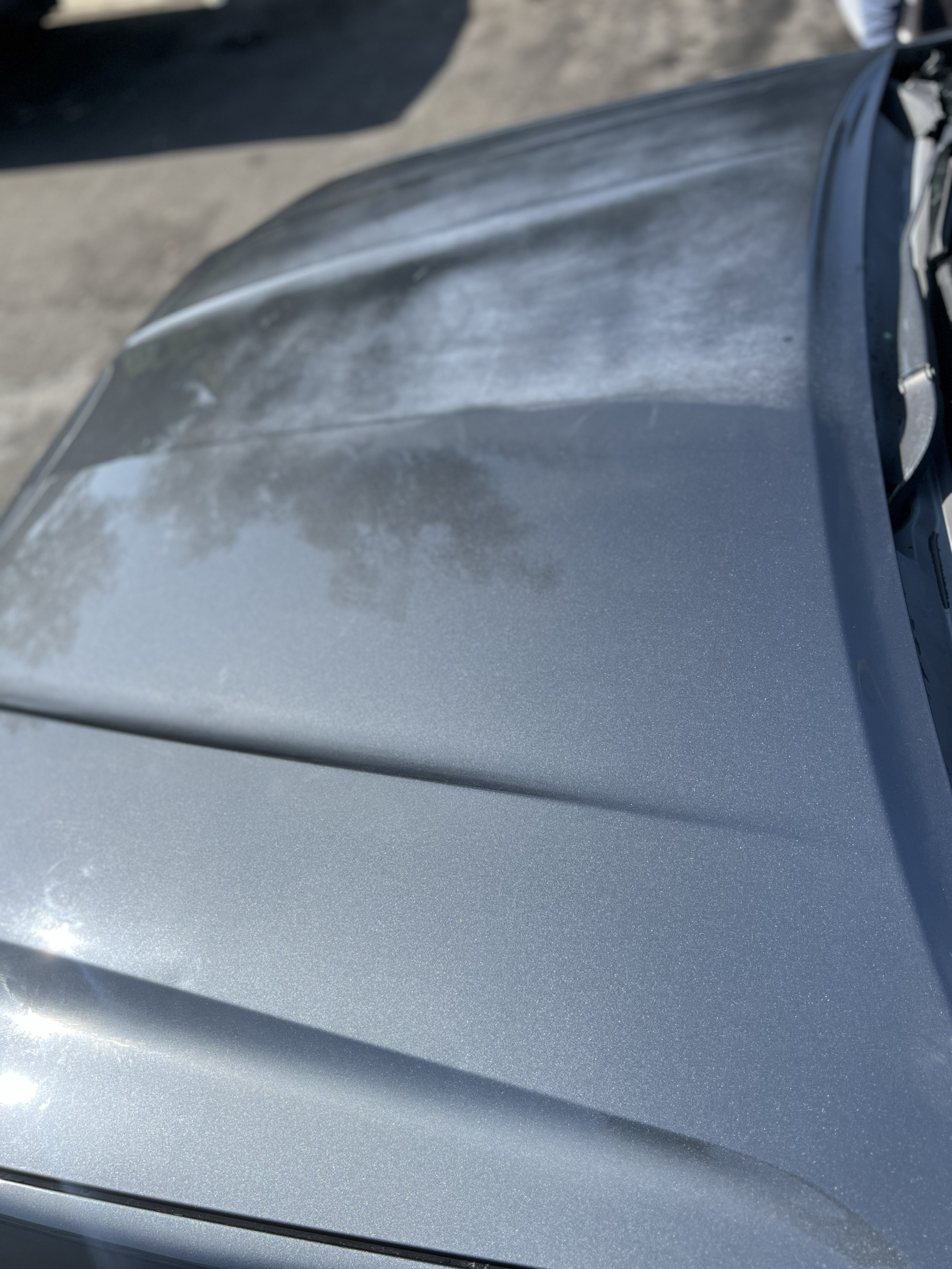 Close-up of a silver car hood with visible scratches and dents.