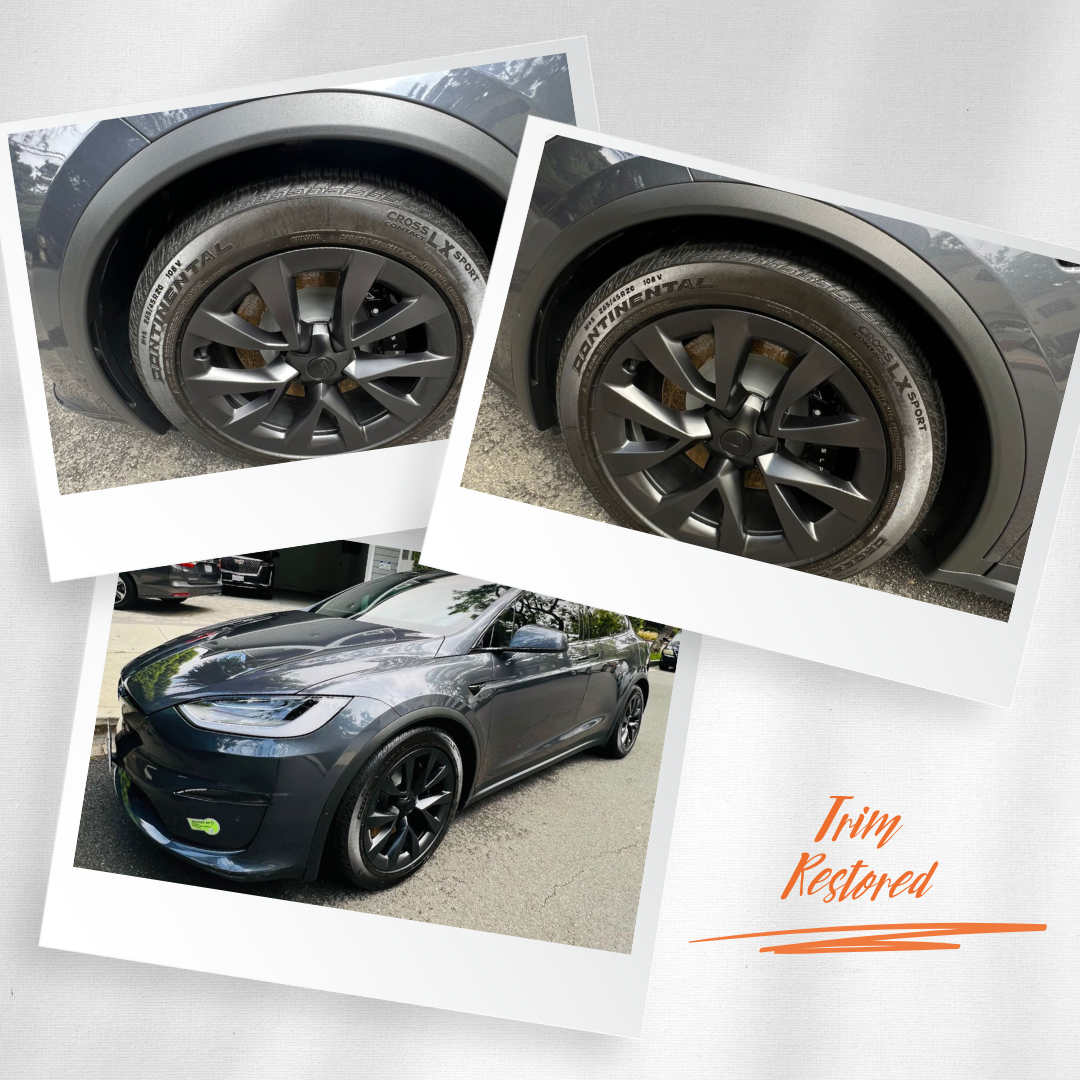 Photos of a dark gray Tesla, showing close-up of the front and rear black wheels, with one image of the car's front side. Text overlay says "Trim Restored."