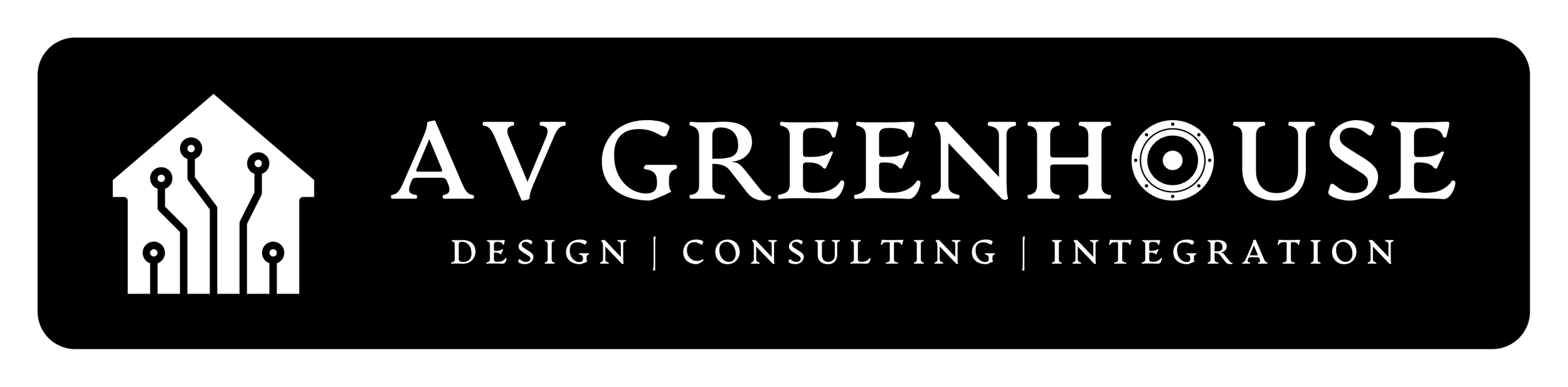 Logo for AV Greenhouse with a house icon featuring circuit-like lines and dots, and the text 'AV Greenhouse' with the tagline 'Design | Consulting | Integration' underneath.