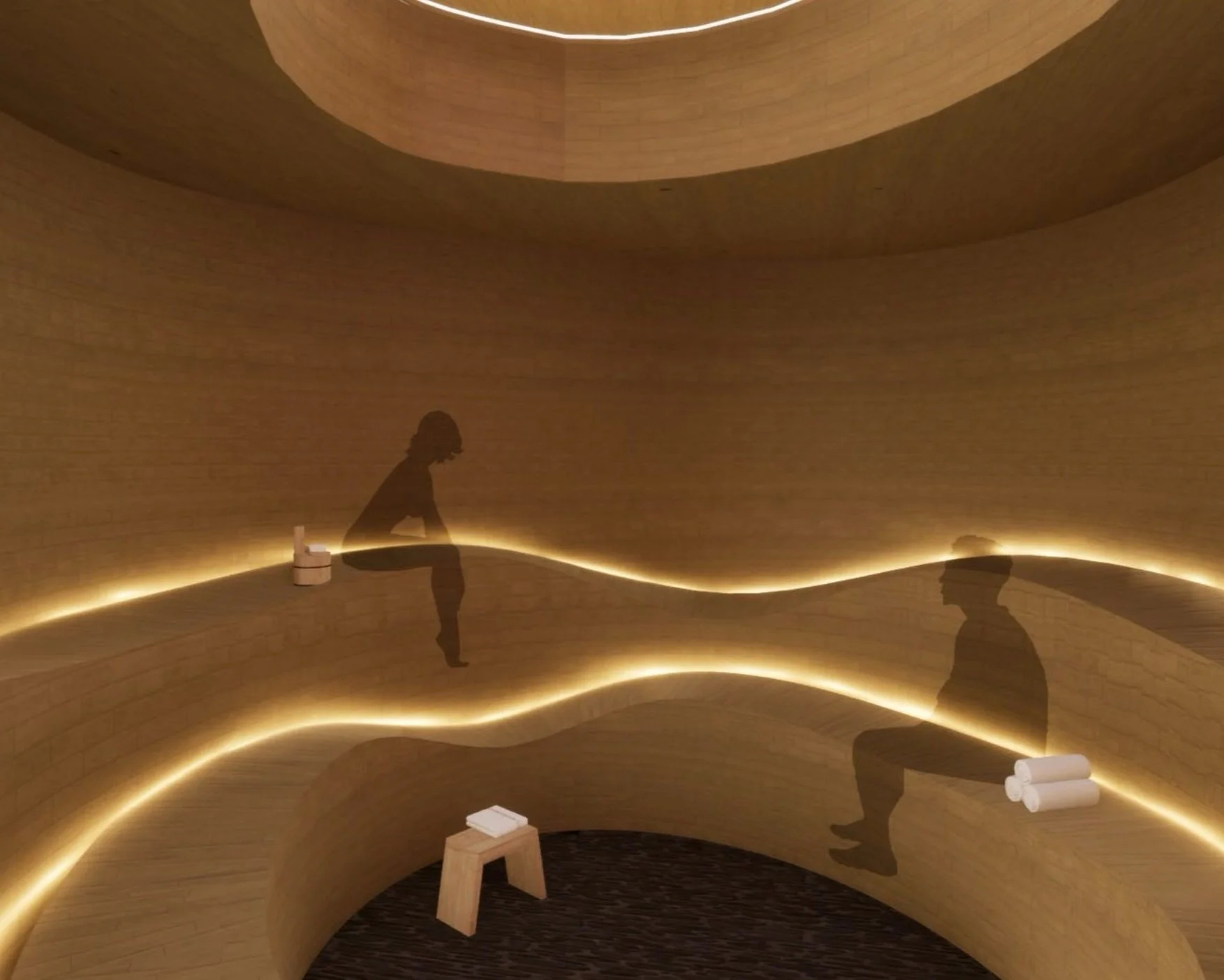 Futuristic wooden room with curved seating, backlit with warm yellow lighting, silhouettes of two people. One is sitting, the other standing, both are reflected on the curved wall.