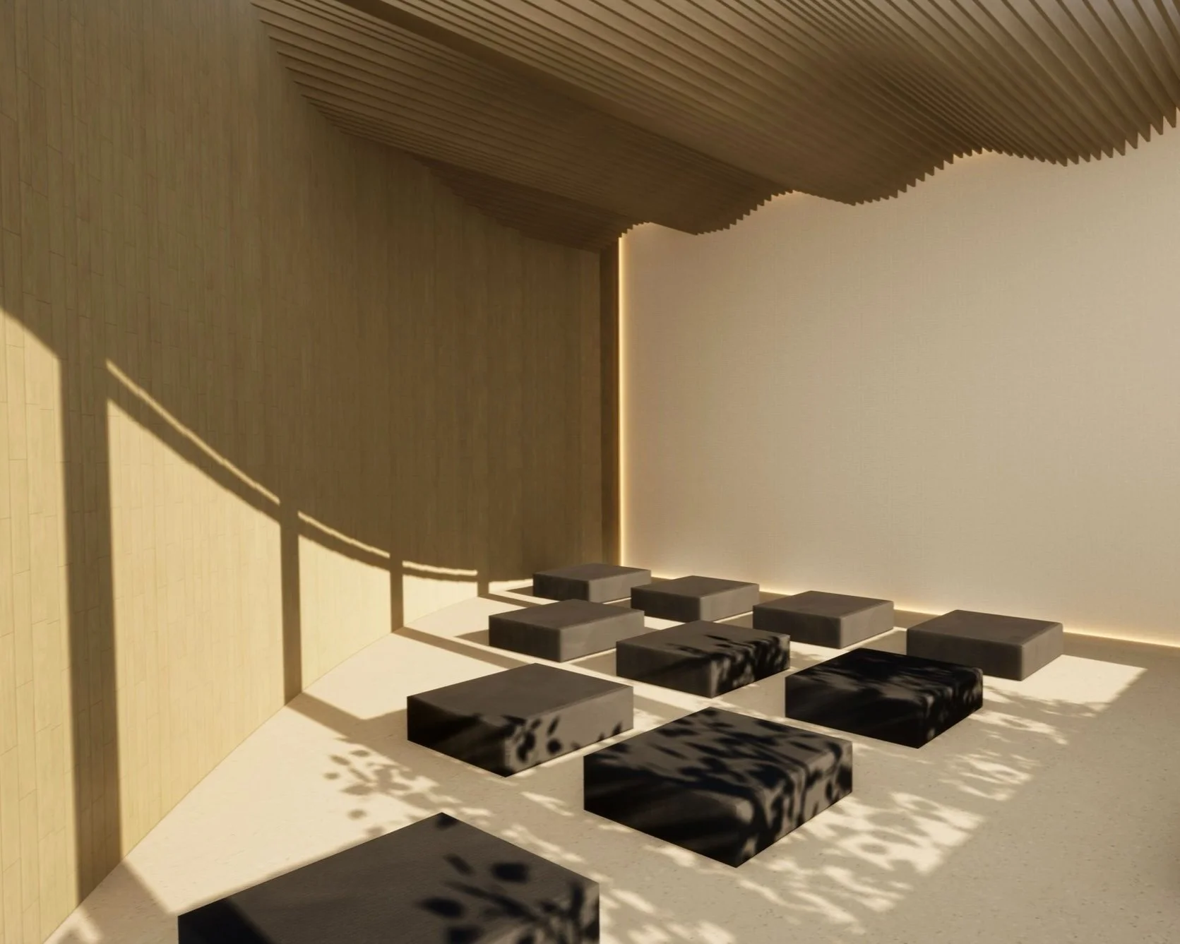 Minimalist room with wooden ceiling, beige wall, and a white floor. Black and gray rectangular blocks are arranged on the floor, with shadows cast by sunlight through a plant.
