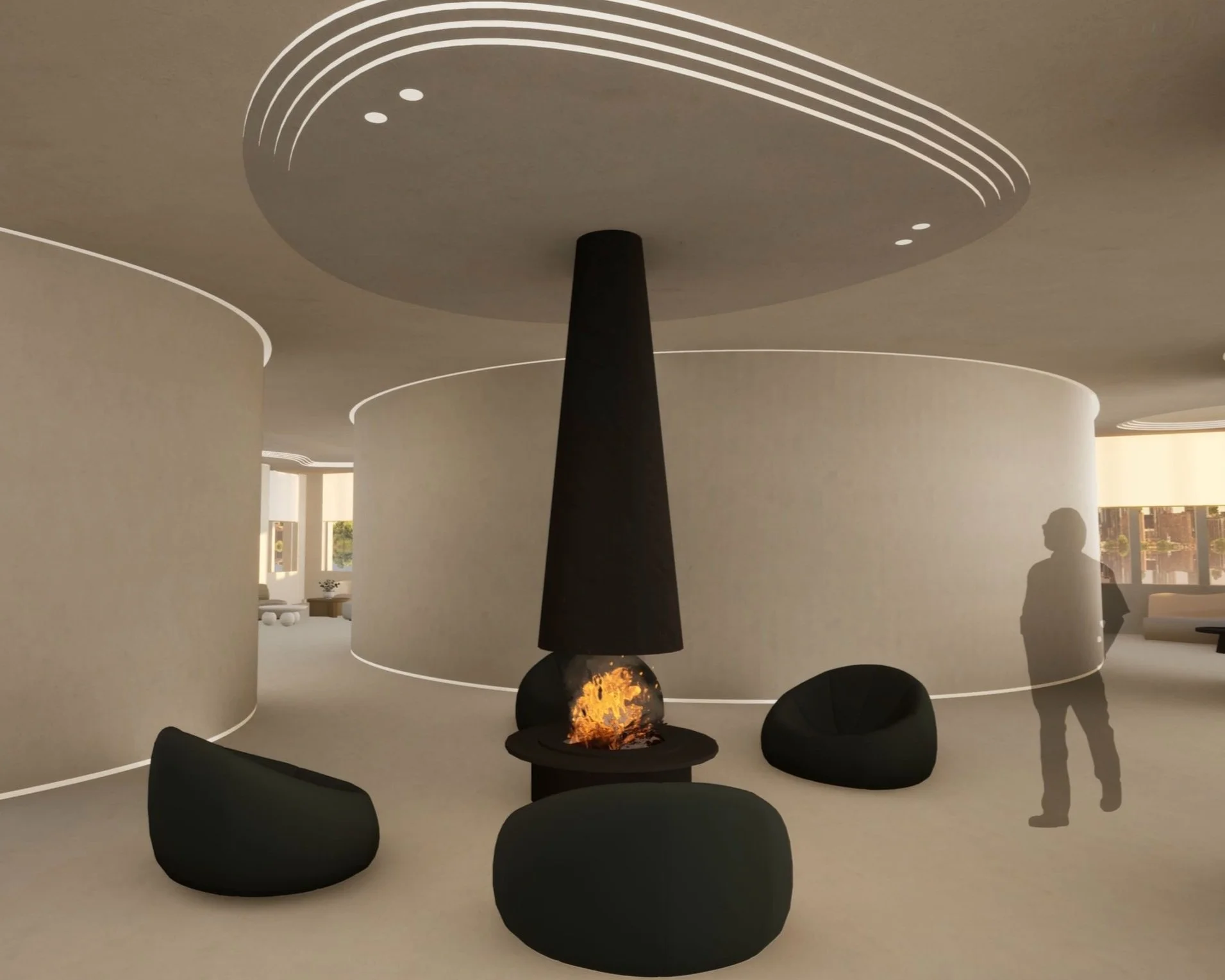 Interior lounge with modern design featuring curved white walls, a central black cone-shaped fireplace with visible flames, black seating around the fireplace, and a person silhouette standing near a window with daylight outside.