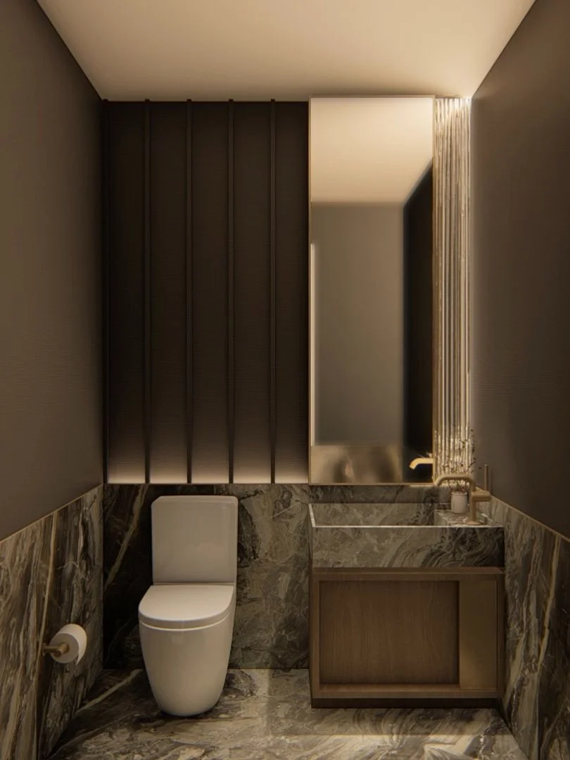 Modern bathroom with dark walls, marble accents, a toilet, a wooden vanity with a stone countertop, and a large mirror.
