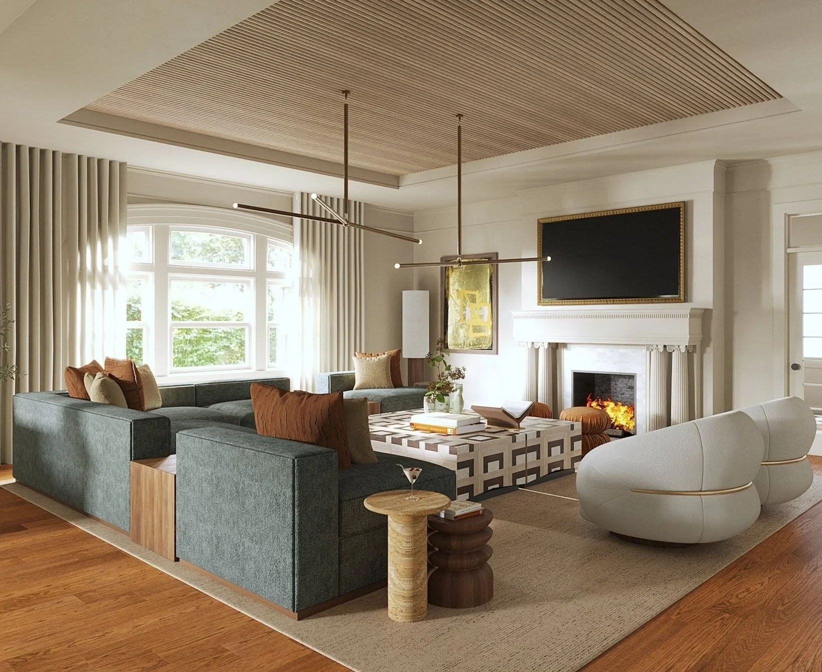 Modern living room with a large L-shaped gray sectional sofa, white armchair, and fireplace with a mounted TV above. Large window with cream curtains, wooden floor, and contemporary ceiling lighting.