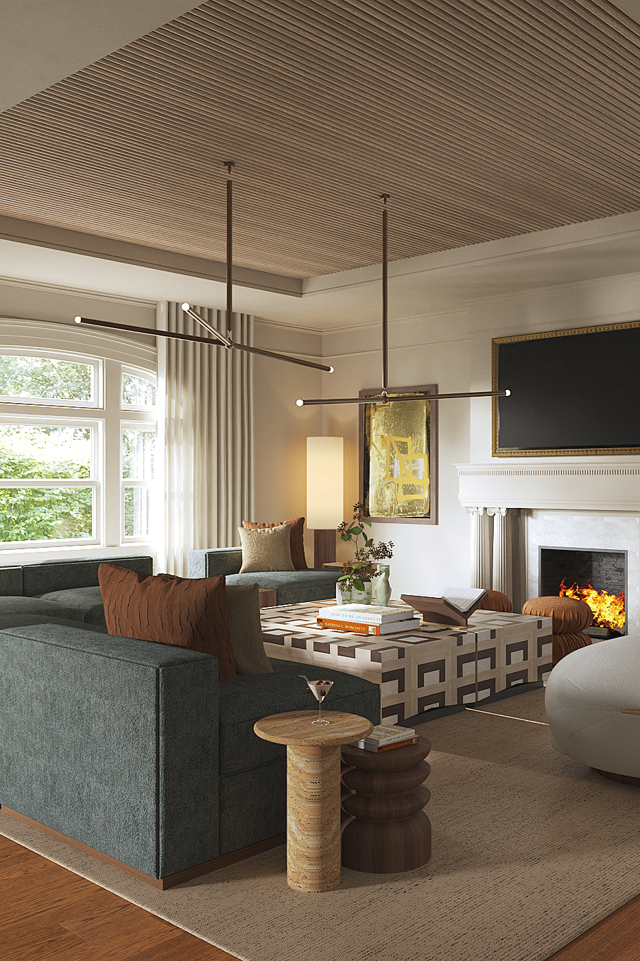 Modern living room with a green sectional sofa, wooden side tables, a patterned coffee table, and a fireplace with a large TV mounted above. Decorative pillows, a large window with curtains, artwork, and a contemporary ceiling light fixture.