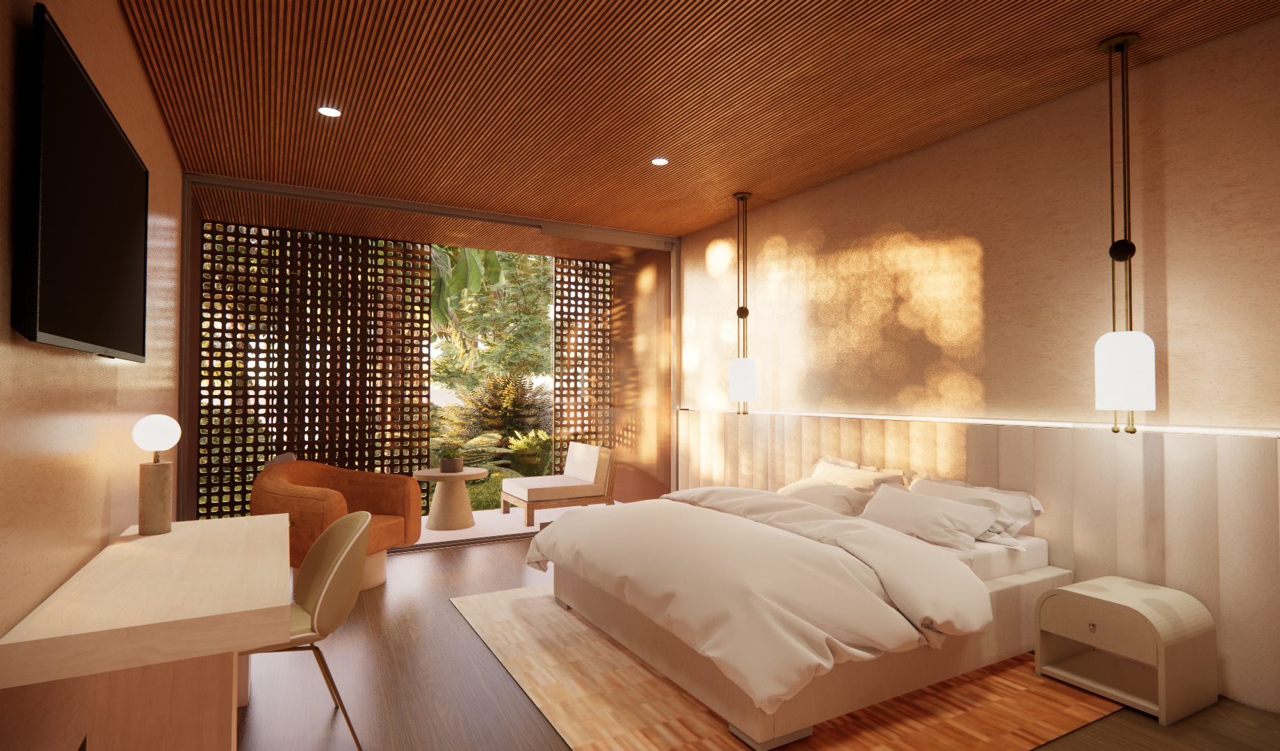 A modern hotel room with a large bed, pendant lights, a small sitting area with two chairs, a desk, and a view of greenery through a window.