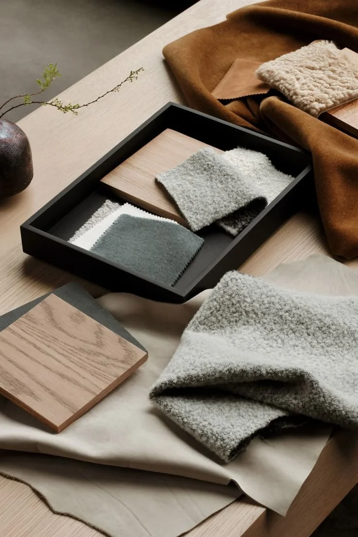 Interior design materials including fabric swatches, wood samples, and a black decorative tray arranged on a light wood table.
