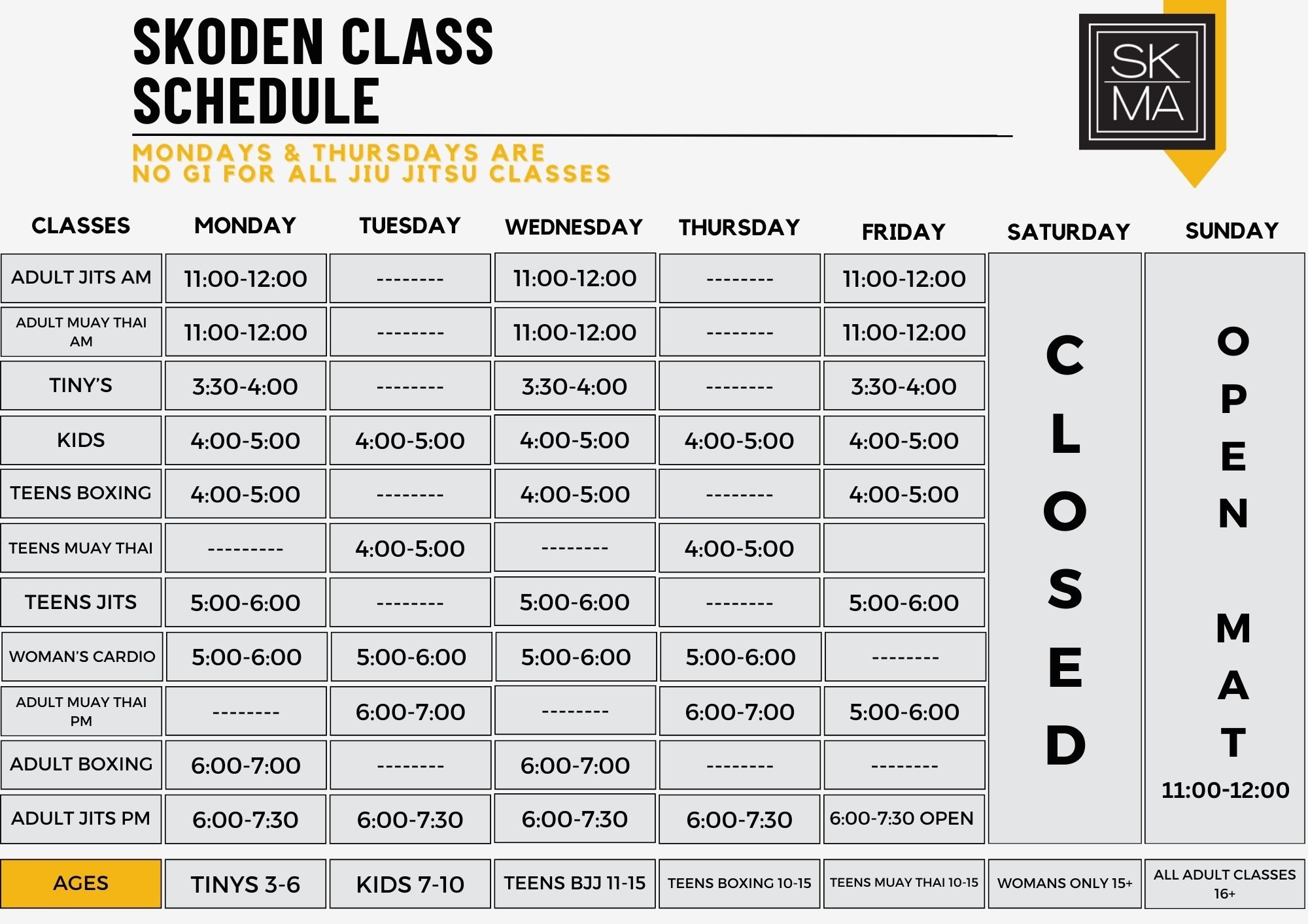 Skoden Class Schedule with days and times for various martial arts classes, including adult jits, muay Thai, kids, teens, boxing, and cardio, organized in a table format with days of the week as columns and classes as rows.