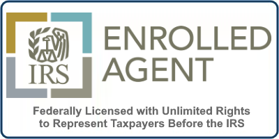 IRS Enrolled Agent logo with text indicating federal licensing and rights to represent taxpayers before the IRS.