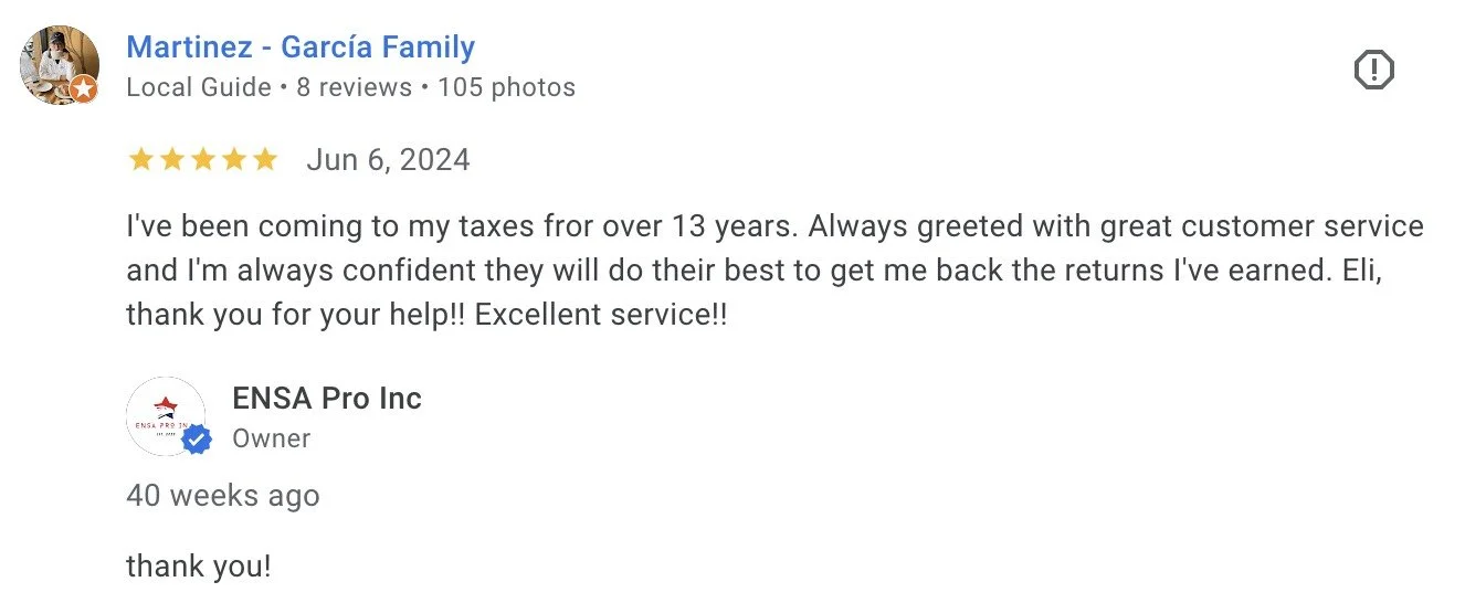 A screenshot of a Google review showing a five-star rating for Martinez-Garcia Family, dated June 6, 2024, with positive comments about their customer service for over 13 years. The review mentions the reviewer’s confidence in their tax preparation a
