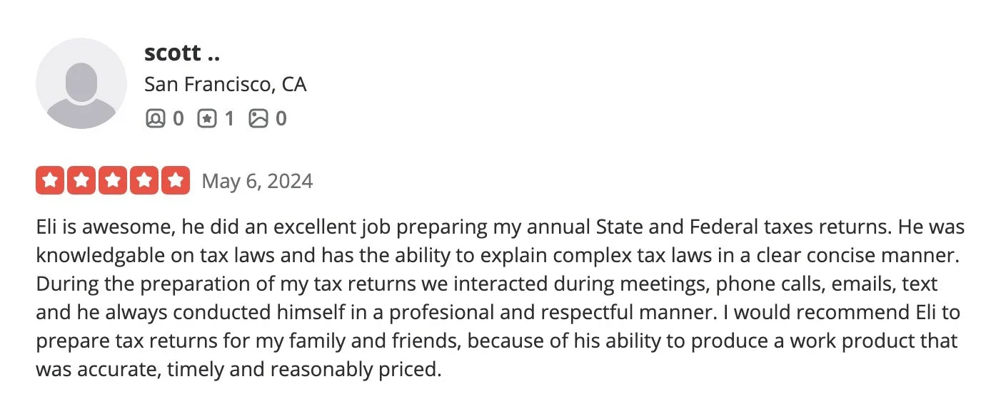 Online review by Scott from San Francisco, CA, praising Eli for preparing tax returns on May 6, 2024, with a five-star rating.