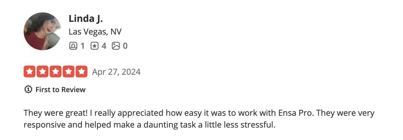 Screenshot of a customer review for Ensa Pro, featuring a profile picture of a woman with dark hair and glasses, and a 5-star rating.