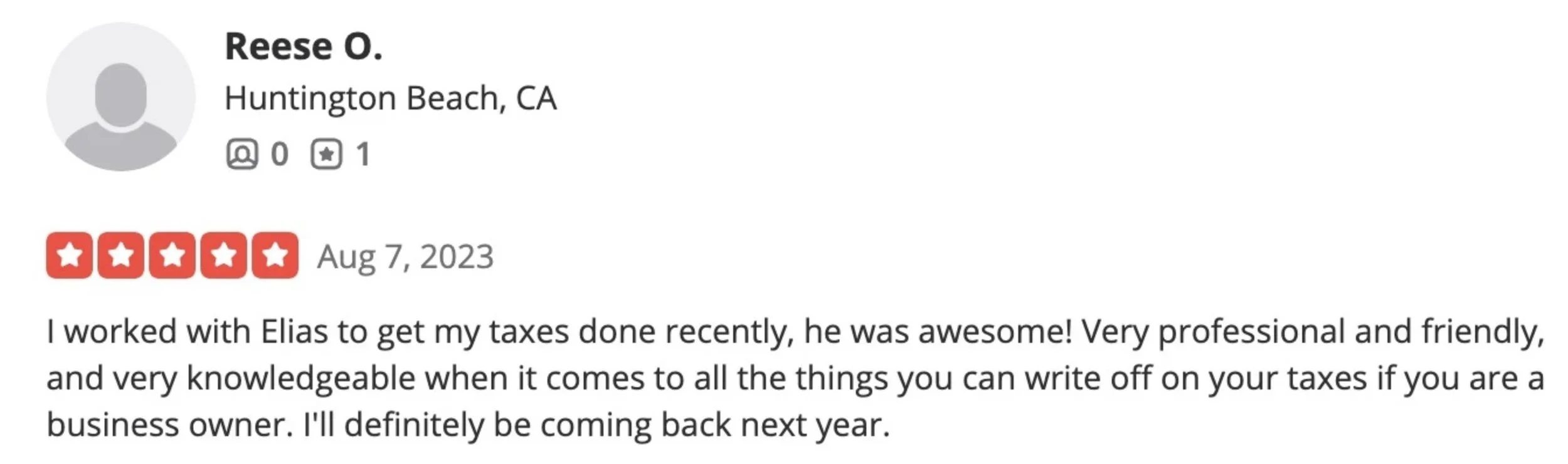 Review of a professional tax service by Reese O. from Huntington Beach, CA, with five-star rating, dated August 7, 2023, expressing satisfaction with Elias' knowledge and professionalism.