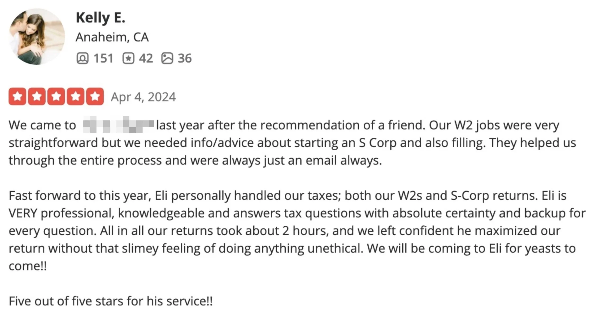 Customer review for a tax service, with profile picture, name, location, date, ratings, and detailed feedback.
