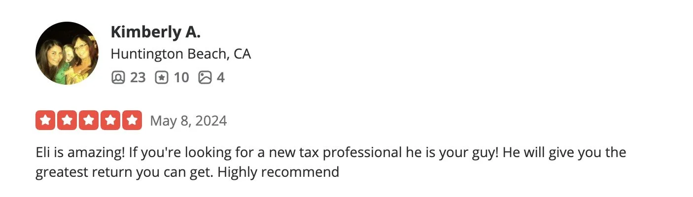Review of a tax professional named Eli from Kimberly A. in Huntington Beach, CA, with a 5-star rating, dated May 8, 2024.