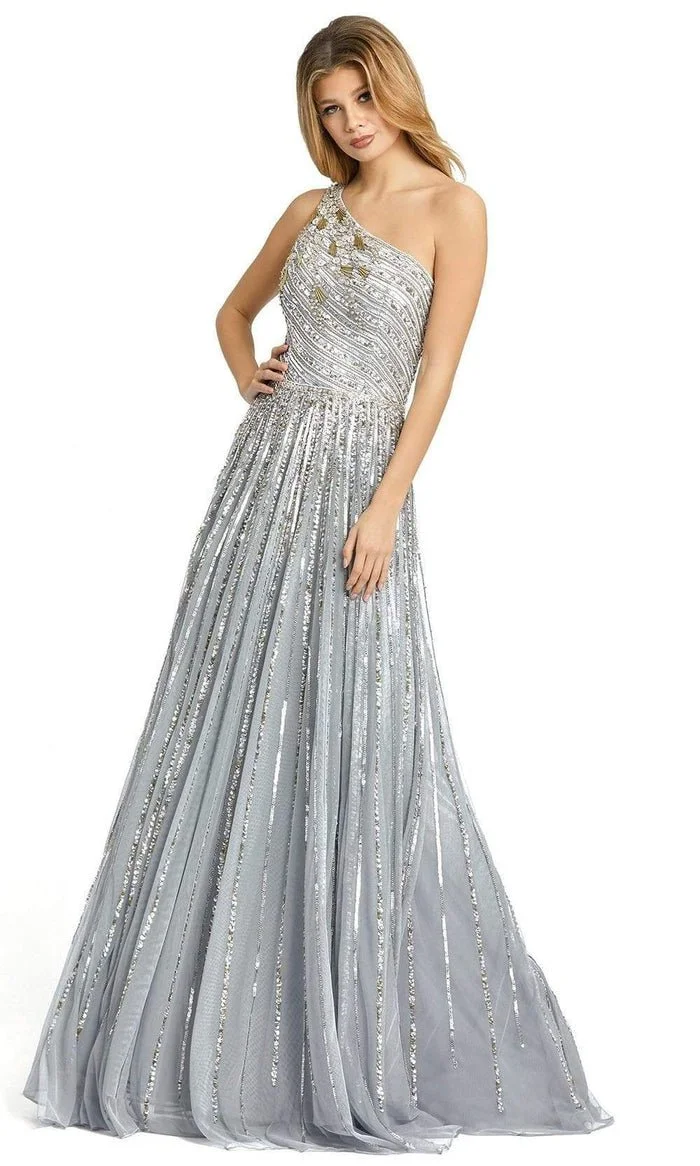 mac duggal plus lace-up asymmetrical side-slit embellished-hem dress Silver Sequined One Shoulder Draped Lace Up Gown