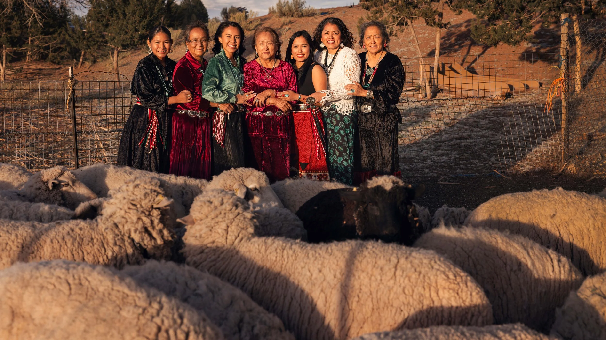 Multi-generational Diné women portrait with sheep in Ganado, Arizona by Kim Brundage Photography.