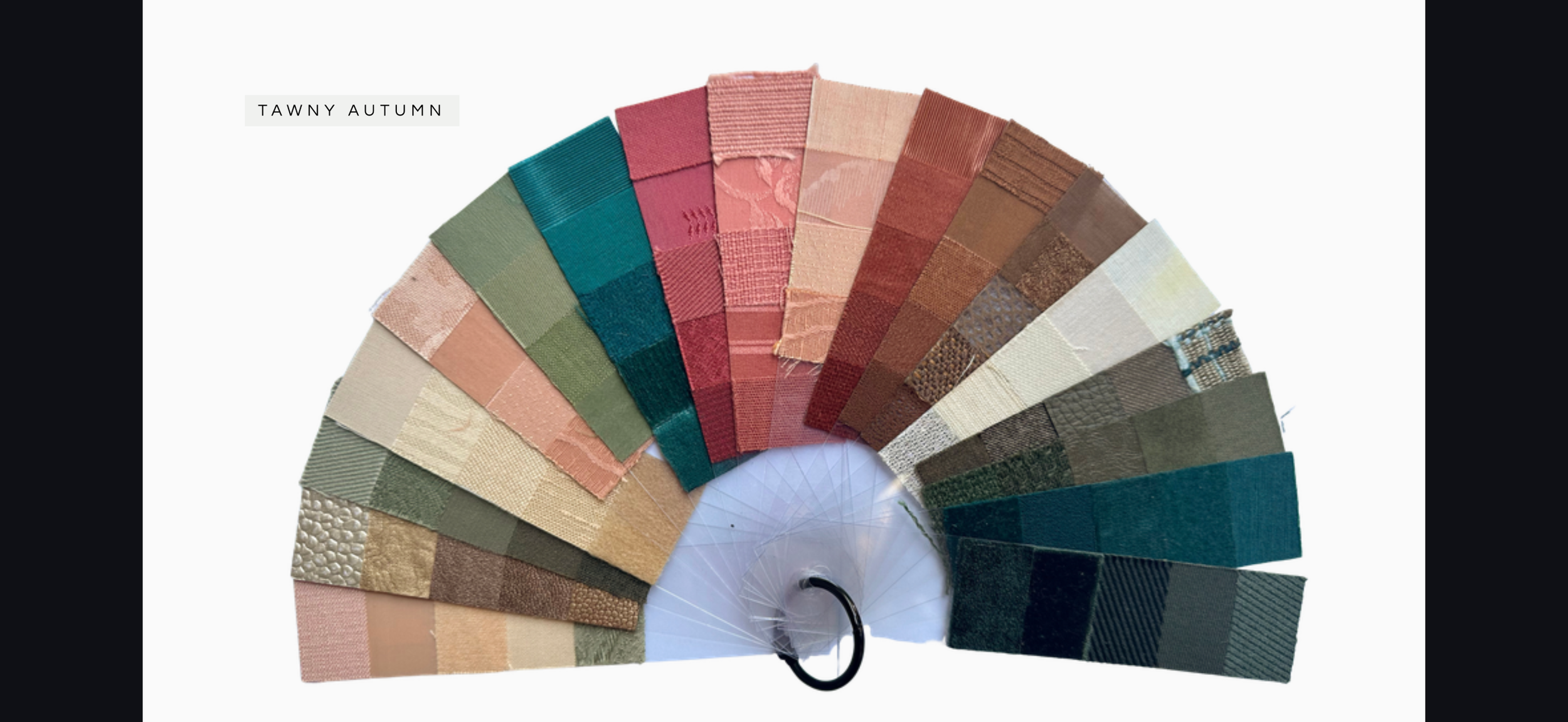 Tawny Autumn personal color palette fabric swatch fan in olive, teal, terracotta, camel, and cream