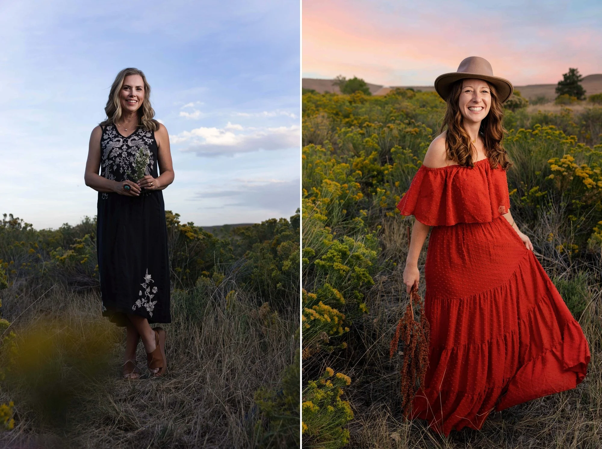 Kim Brundage in a black and cream. Woman twirling in a rust tiered maxi dress and felt hat in a golden field embroidered dress standing in a field of rabbitbrush