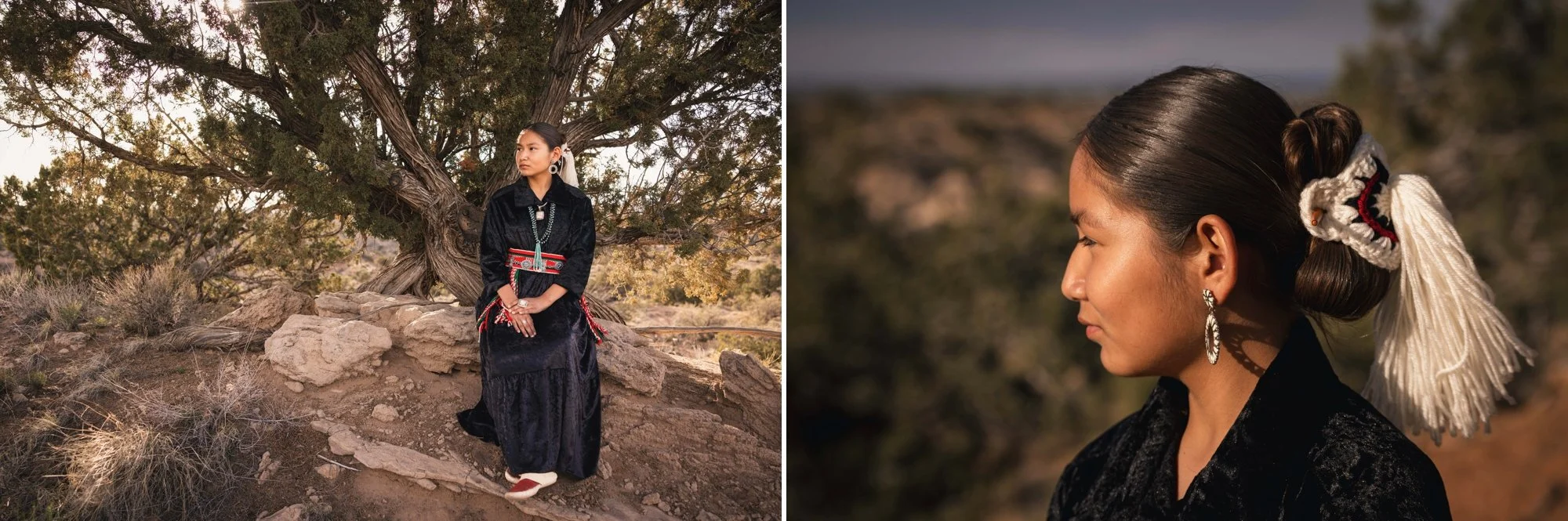 Nicolette wearing traditional Diné attire and a Navajo bun in Ganado, Arizona for Kim Brundage’s Diné Women Empowerment Series.