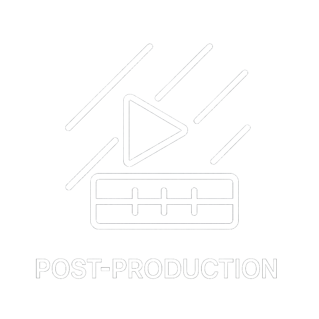 Icon on black background with a play button, ruler, and lines, labeled 'Post-Production', indicating "Post-Production" in Video Production Process.