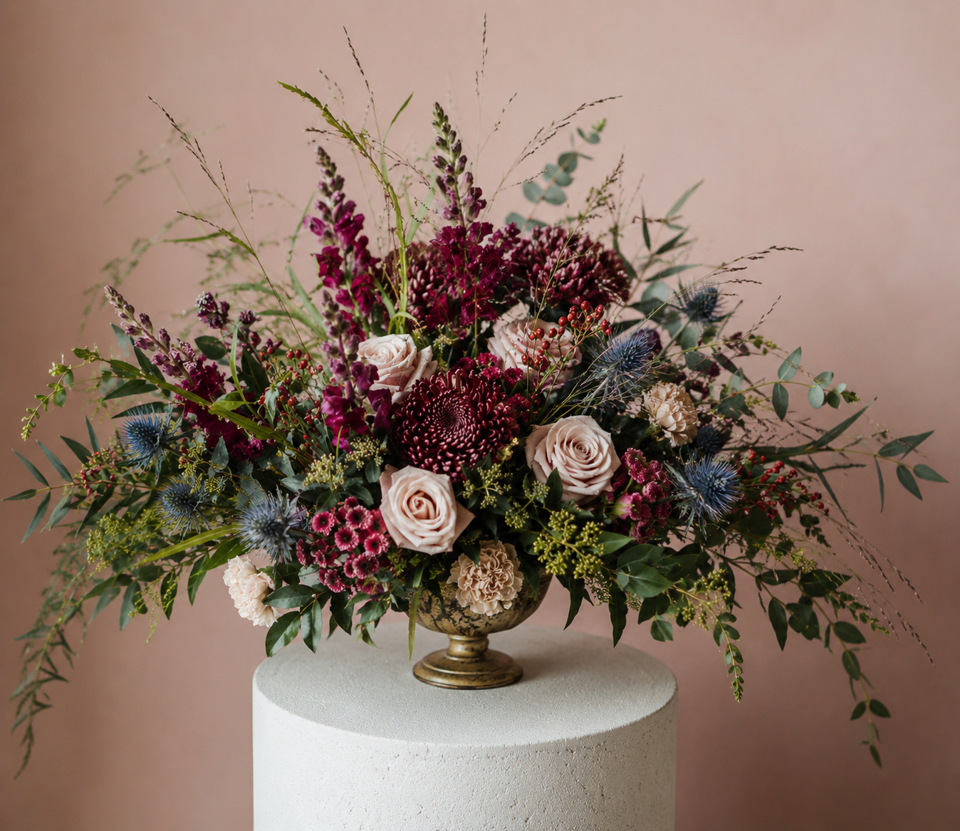 A floral arrangement with pink roses, purple and blue flowers, green foliage, and decorative elements in a metallic vase on a white pedestal against a pink background.