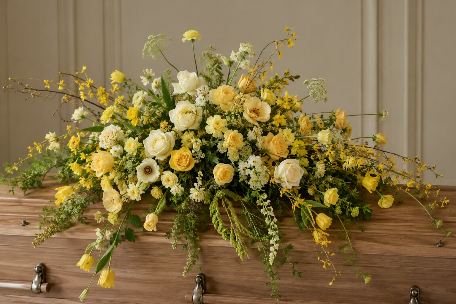A large, elegant floral arrangement with white and yellow flowers on a wooden casket.