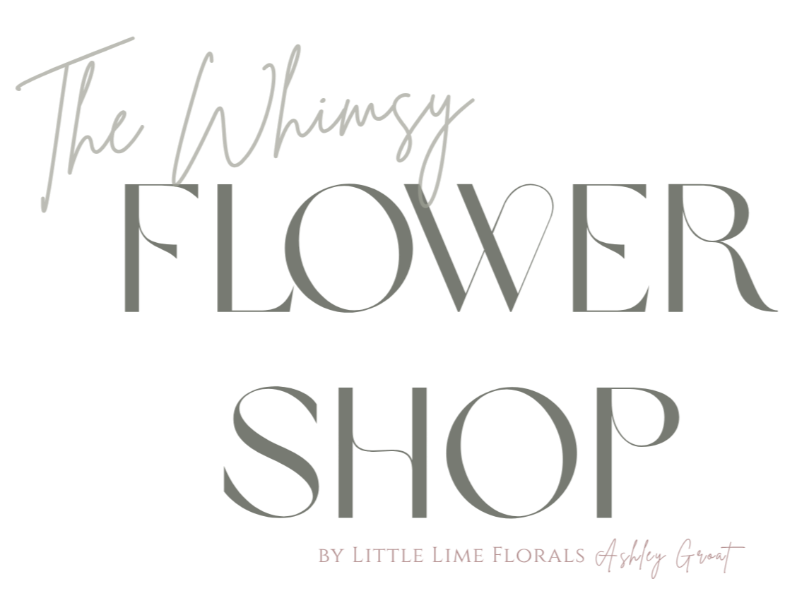 Text reading "The Whimsy Flower Shop by Little Lime Florals Ashley Groat" in a decorative, modern font.