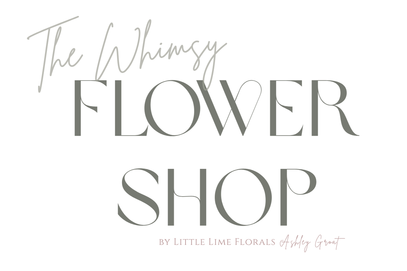 Decorative sign reading "The Whimsy Flower Shop" by Little Lime Florals Ashley Grant in elegant script font.