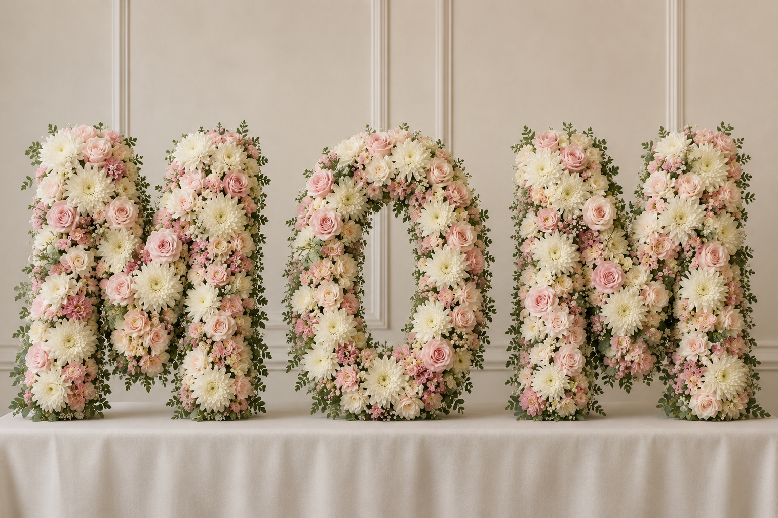 Large floral arrangement spelling out the word 'LOVE' with white and pink roses, white gerbera daisies, pink baby’s breath, and greenery, displayed on a white table against a cream-colored wall.