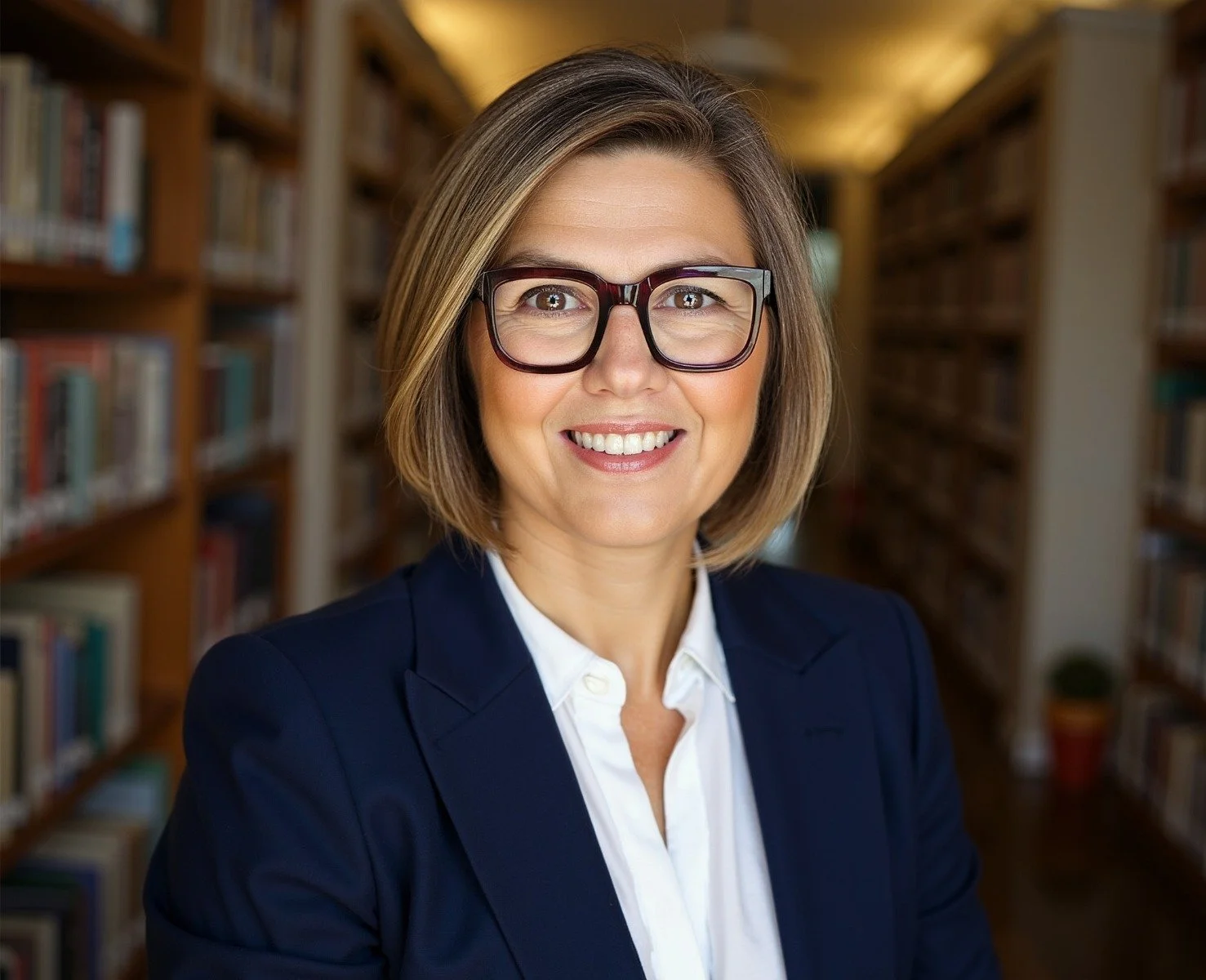 Livia, Google and Meta ads strategist, featuring short blonde hair and glasses, wearing a navy blazer and white shirt, standing in a library with bookshelves in the background.