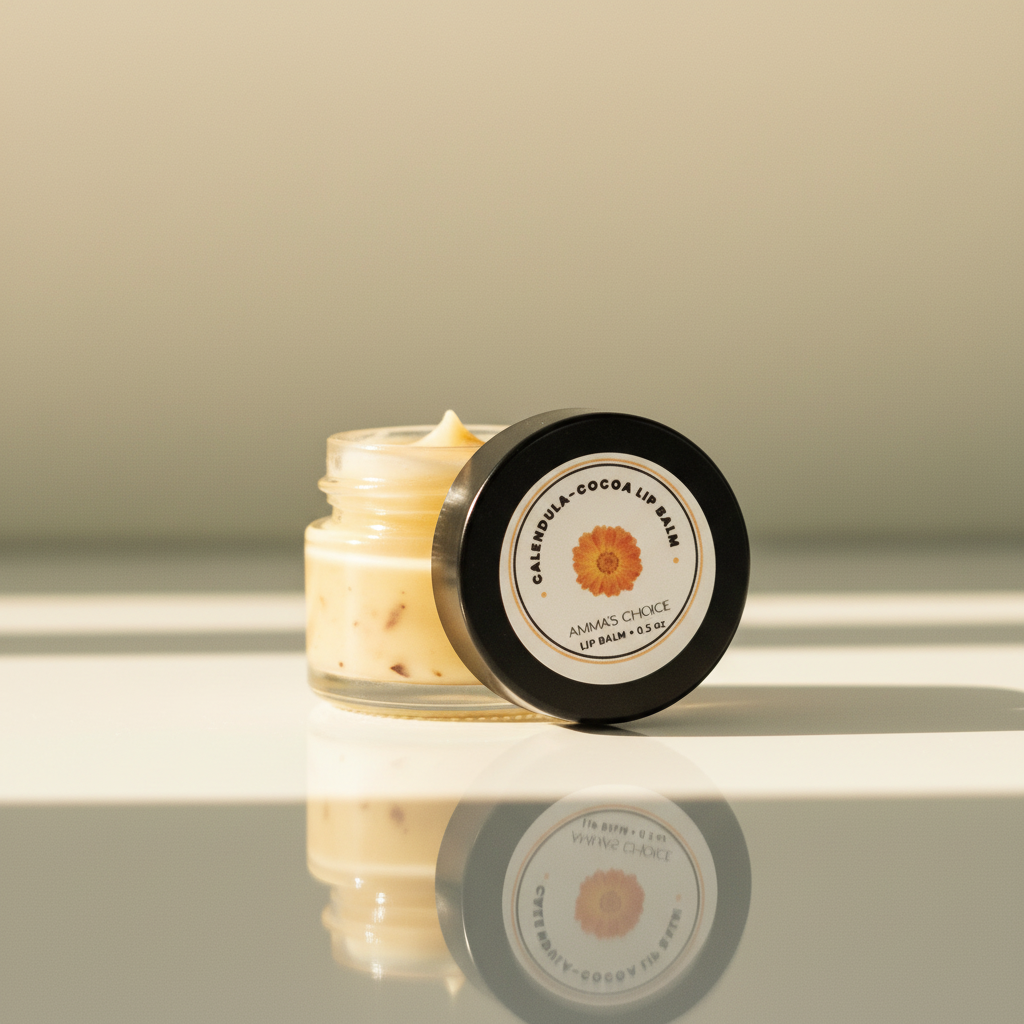 Calendula-Cocoa Lip Balm with olive green background.png
