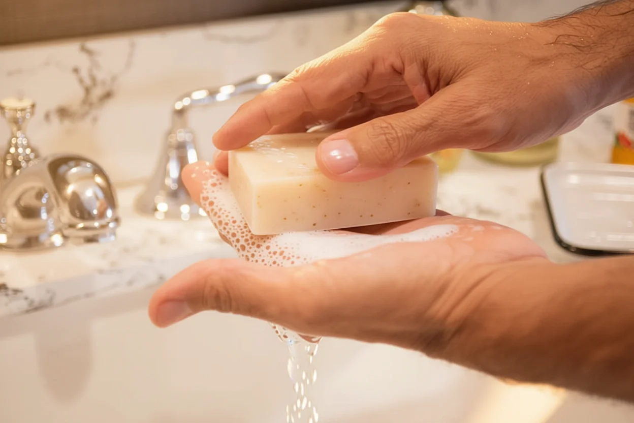 Ori-Hoeny Oatmeal Soap with D washing his hands.webp