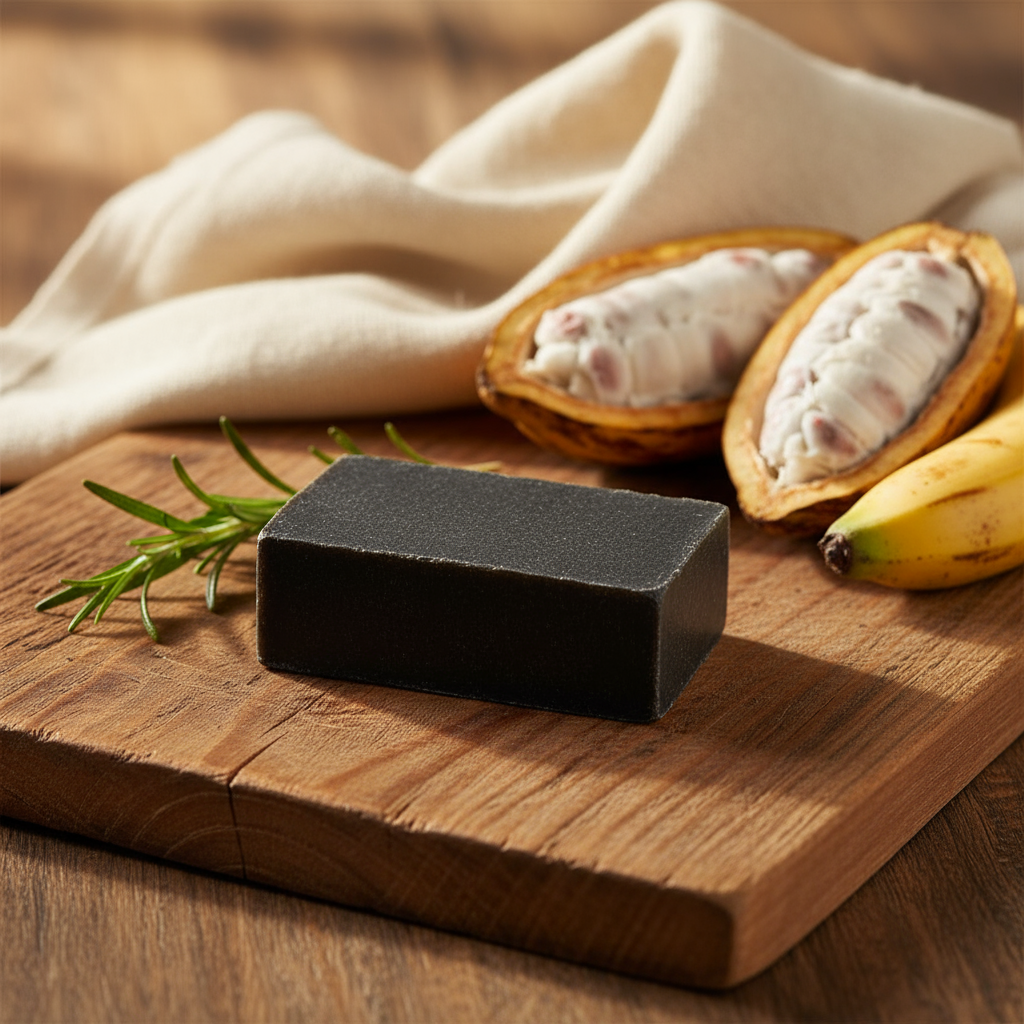 Cocoa plantain soap 1 bar with plantain and cocoa pod.png