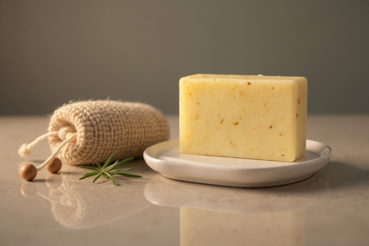 Ori-Honey Oatmeal soap with olive background with sprig of rosemary.png
