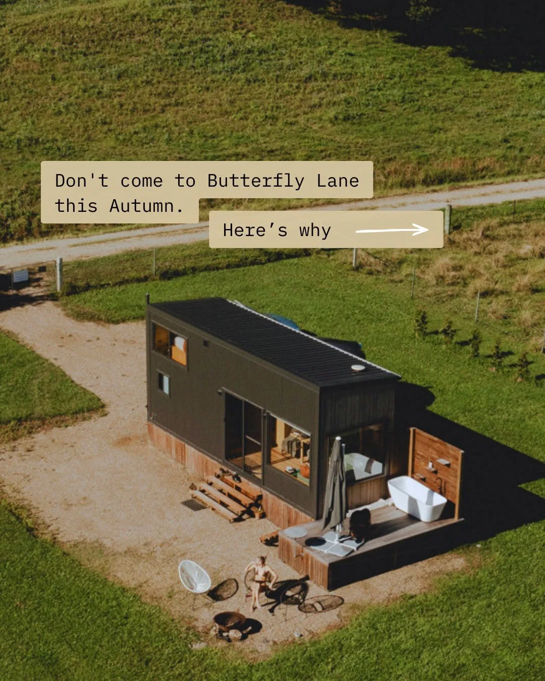 We tried to talk you out of it.

Autumn at Butterfly Lane is genuinely dangerous for productivity. 

The mountain goes amber at dusk. 
The outdoor bath in the cool air does something to you.
The fire pit has no off switch. 
The horses have no boundar