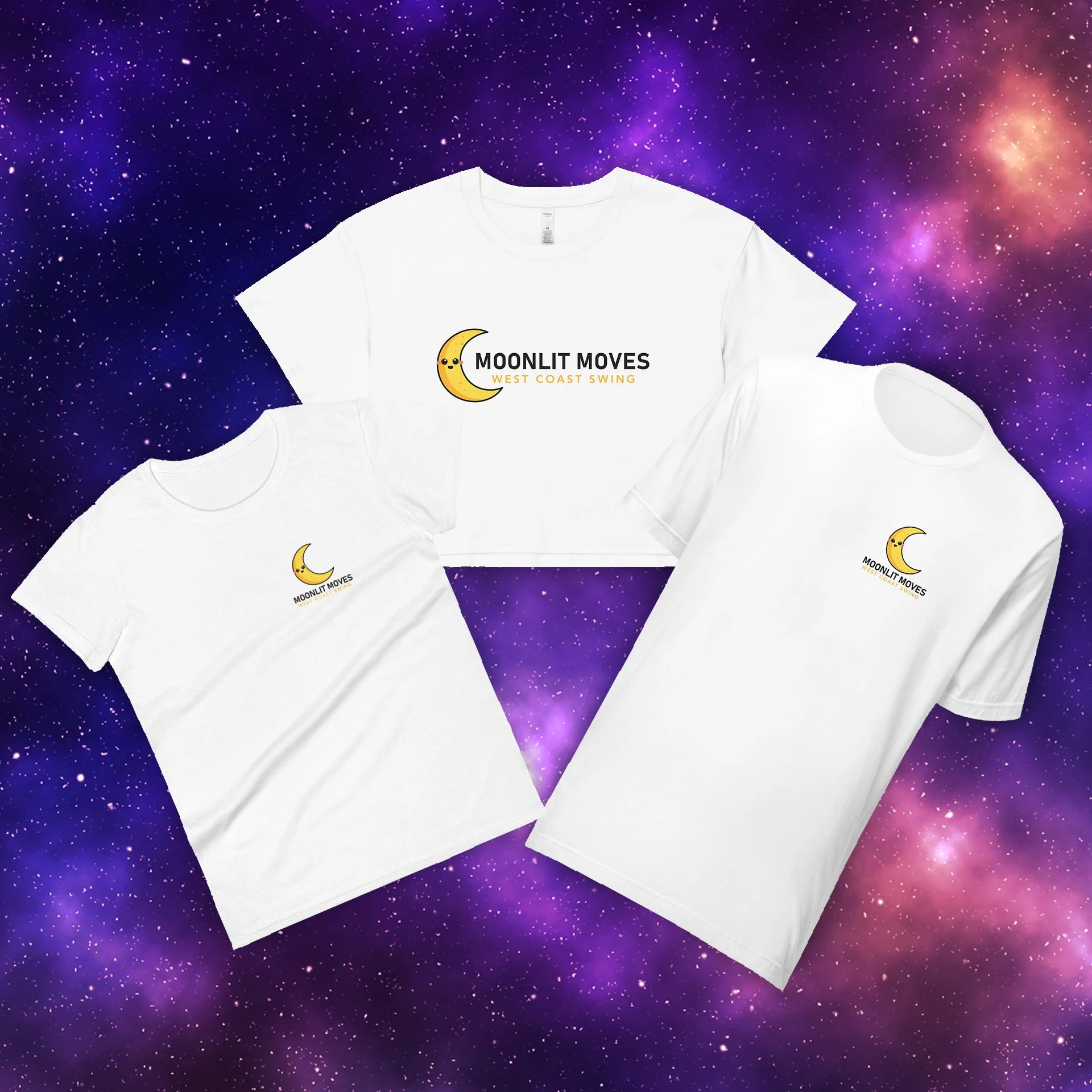 White T-shirt with a moon and stars graphic and the text 'Moonlit Moves West Coast Swing' against a space-themed background.