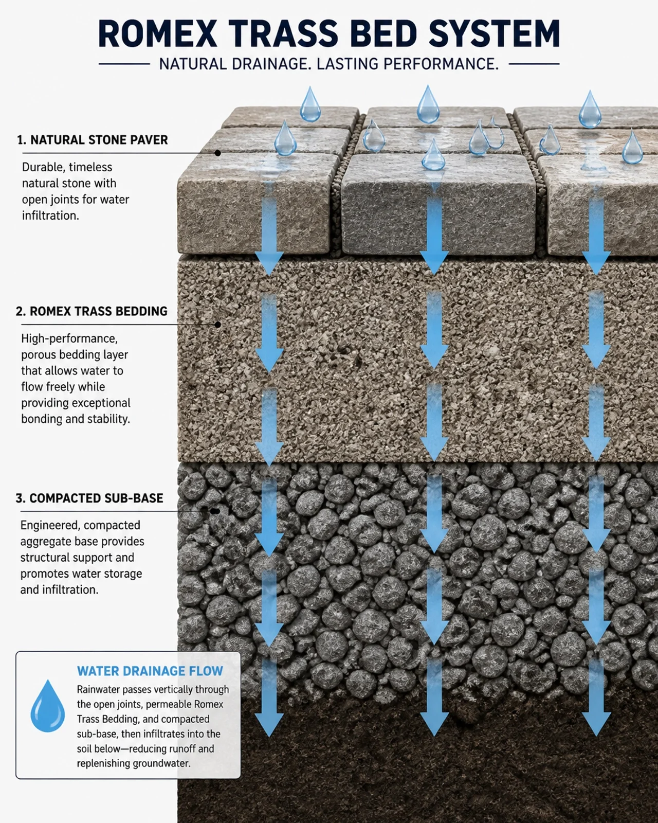 Technical cross-section of a Romex Trass Bed System showing paver, permeable bedding layer, and compacted sub-base.