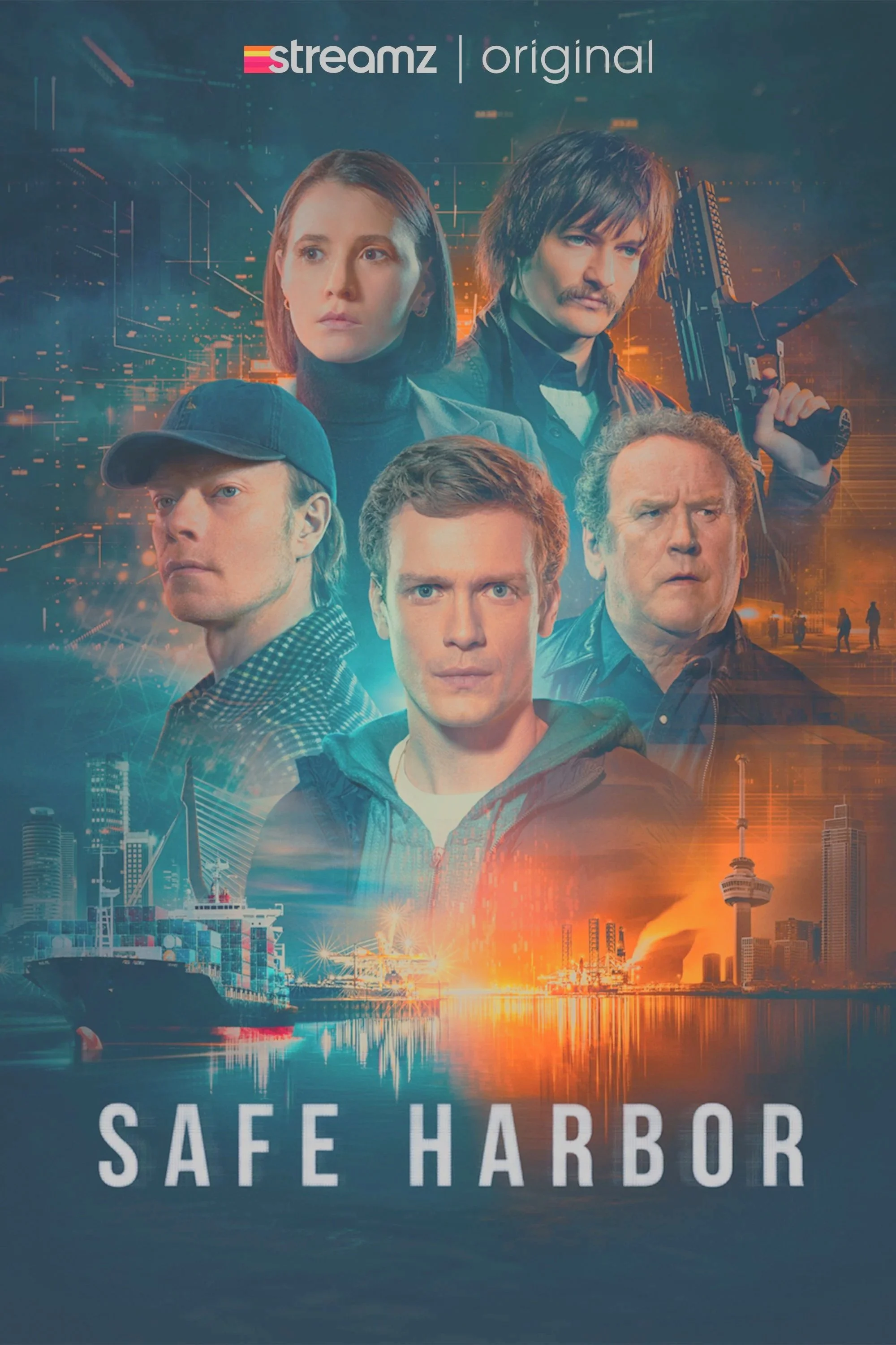 Poster for the TV show "Safe Harbor" featuring five characters with serious expressions against a cityscape and harbor background, with a sunset and ships.