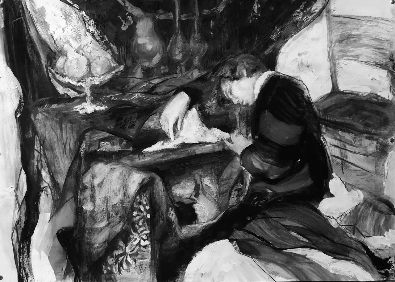 "Refreshing" 
graphic, mixed technique. paper, gouache, pastel. 
60x85cm. 2020