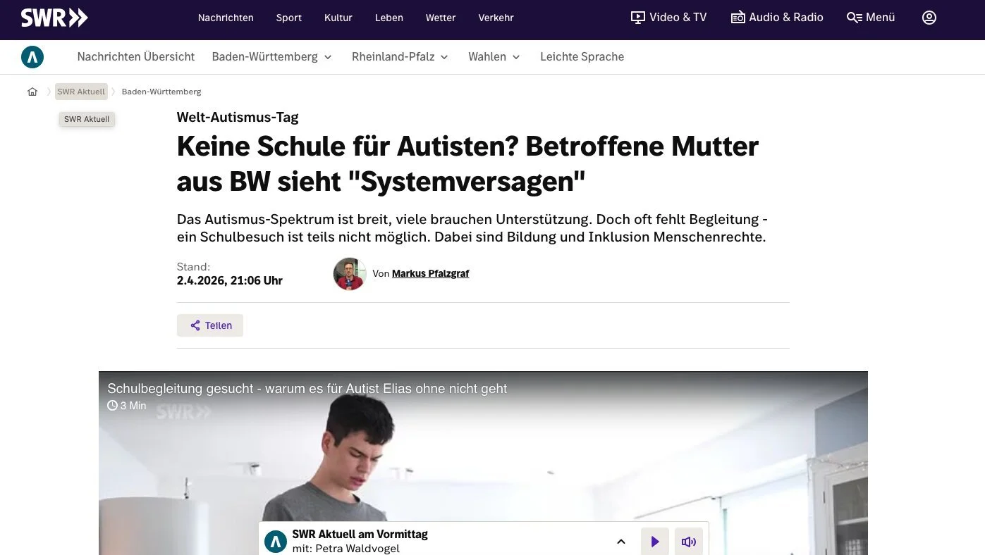 Screenshot des Artikels Keine Schule für Autisten? Betroffene Mutter aus BW sieht "Systemversagen"