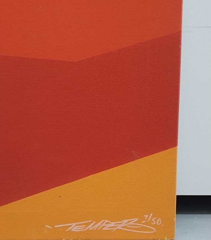 Close up of Temper's Limited Edition Print 3/50 Giclée on Canvas, Break Dancing, Grey, Black Figurative, Red, Orange and Yellow Background.