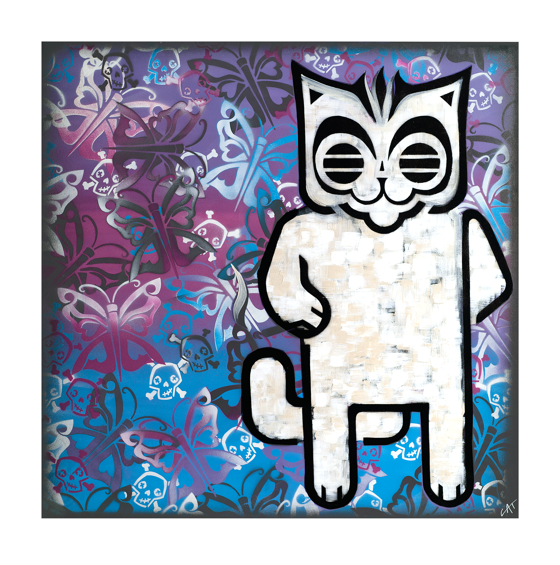 Phil Tufnell's Signed Limited Edition Print, White Cat with Black Outline, Pink, Purple, White, Black and Blue Butterfly Background.