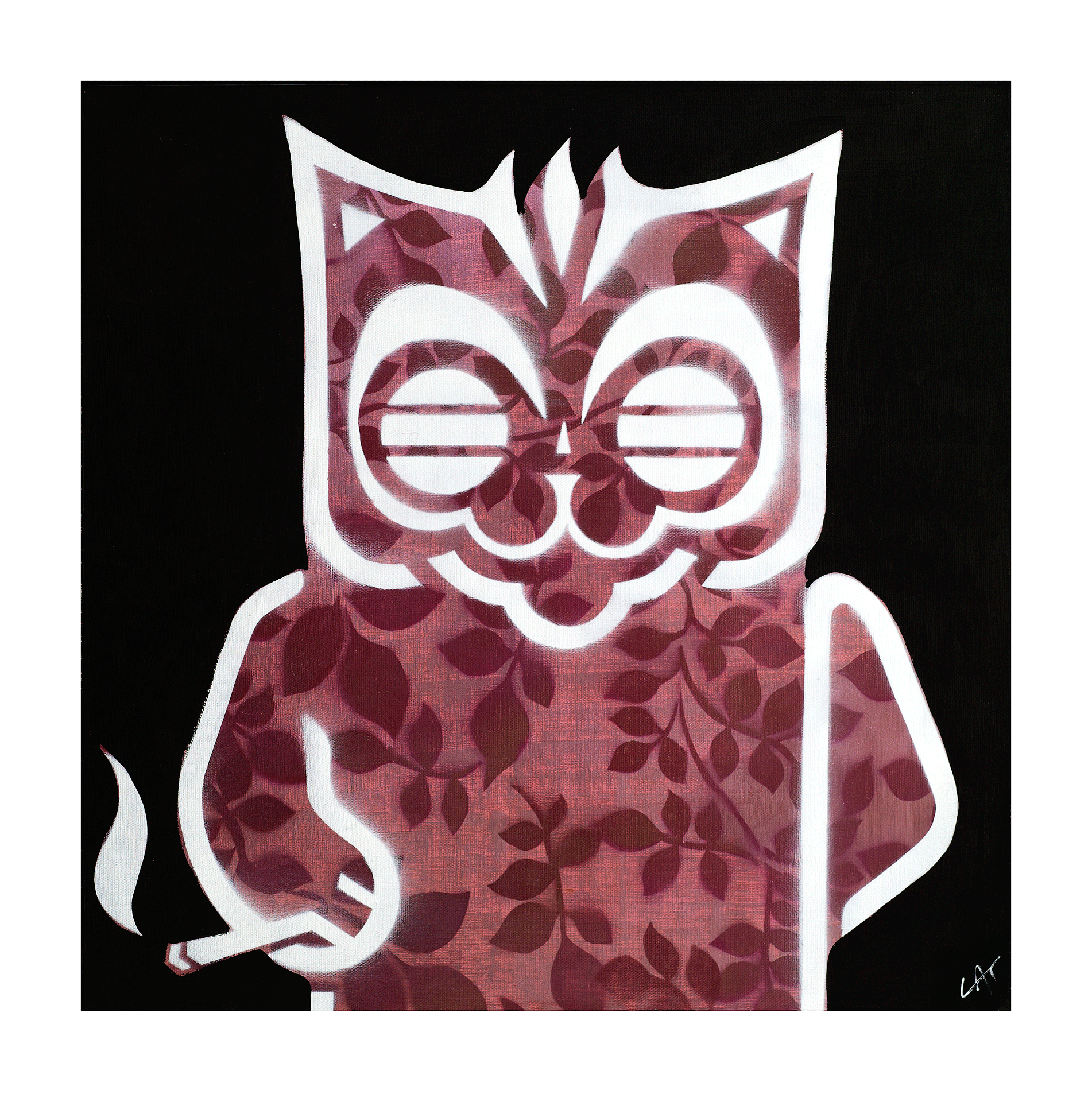 Phil Tufnell's Signed Limited Edition Print, a Pink Cat with Dark Pink Details Holding a Cigarette, White Outline and Black Background.