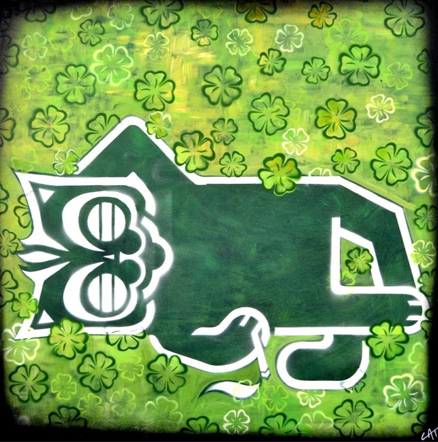 Phil Tufnell's Signed Limited Edition Print, Green Cat with White Outline Holding a Cigarette and Lying Down, Light Green Background with 4 Leaf Clover Details, Green, Yellow, Black Boarder.