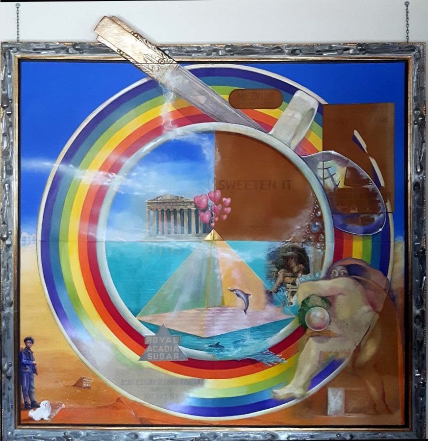 Robert J Daniel's Original Oil on Canvas Painting, Rainbow, Plate, Figurative, Pyramid, Beach, Sand, Cuttlery Artwork.