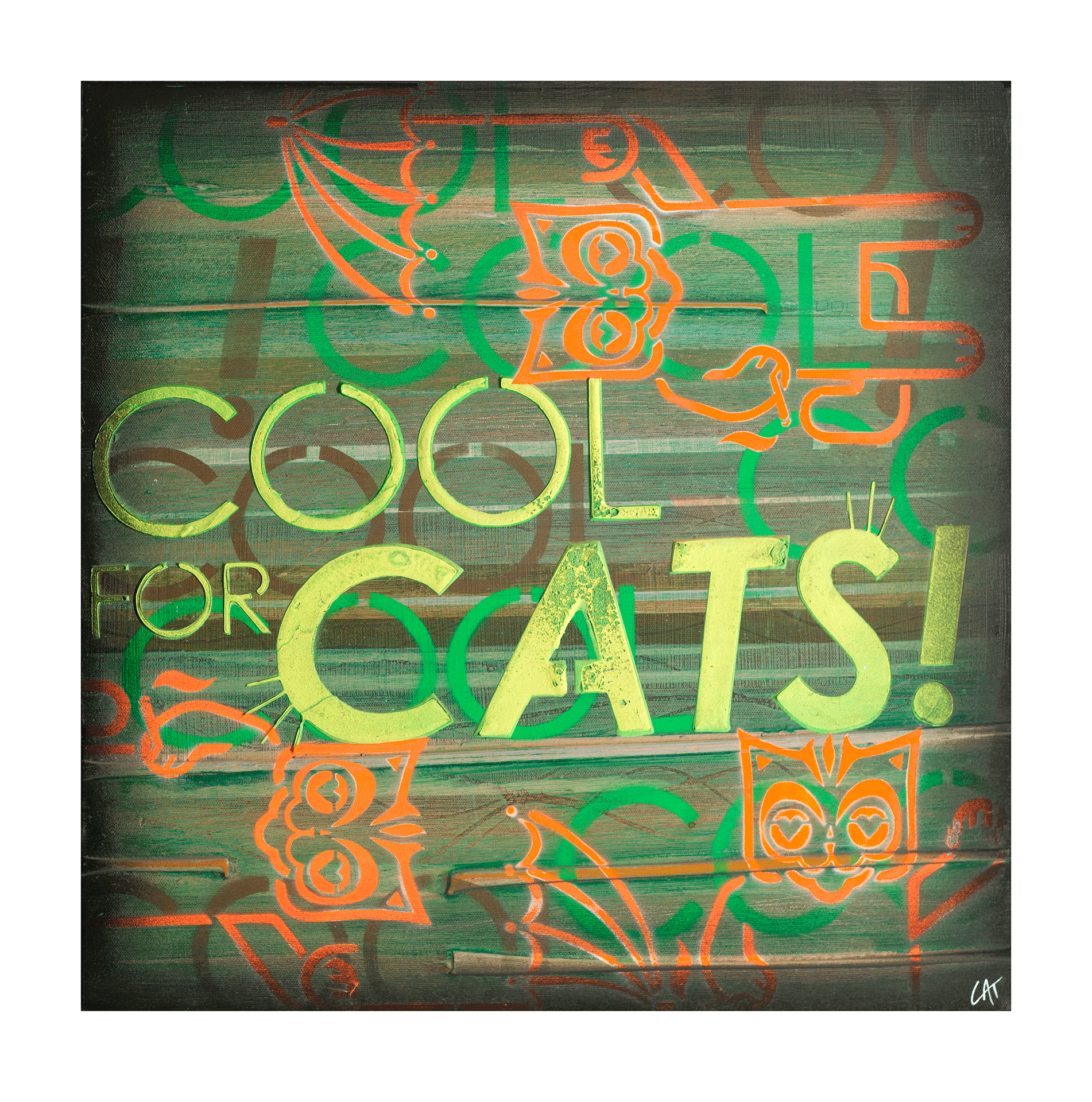 Phil Tufnell's Original Acrylic on Canvas or Signed Limited Edition Print, Orange Outlined Cats with Green and Yellow Details and Text, Wood-like Background.